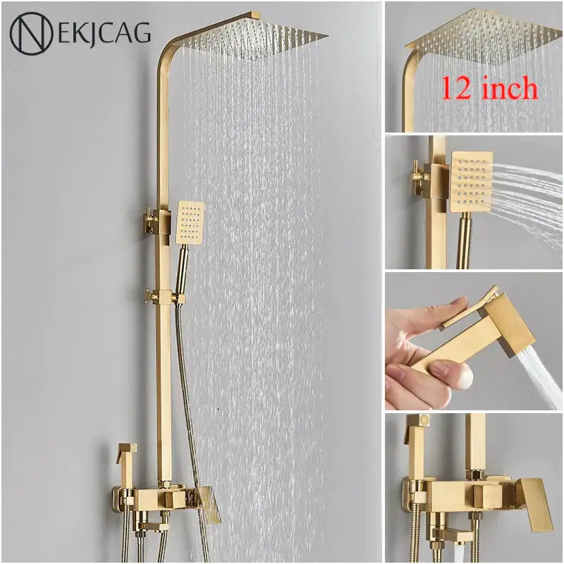 Modern brushed gold 4-function shower faucet set with gold-finished 12-inch rainfall shower head handheld and wall fixtures