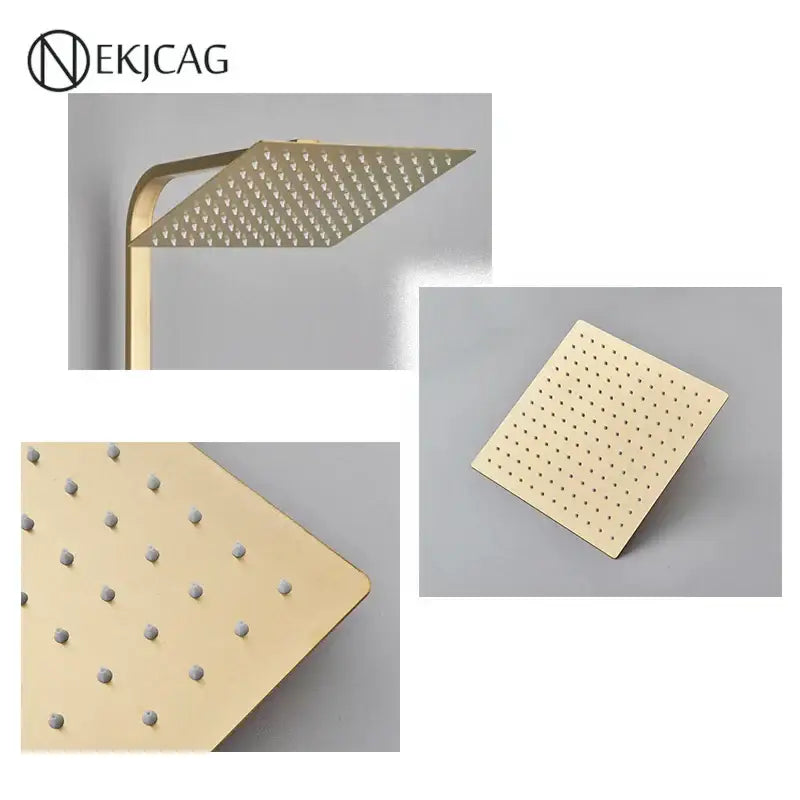 Gold-colored square showerhead with minimalist design and even water jets in modern brushed gold shower faucet set