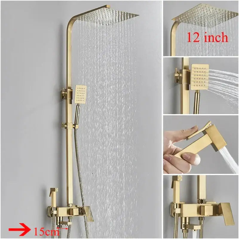 Modern brushed gold shower faucet set with 12-inch square rainhead and handheld spray faucet set for bathroom use