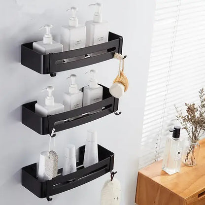 Black metal wall-mounted three tier corner shelf with white pump bottles and hooks for decorbites brushed gold aluminum use