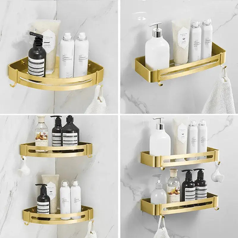 Modern brushed gold aluminum corner shelf bathroom shampoo holder with sleek curved edges by decorbites brushed gold