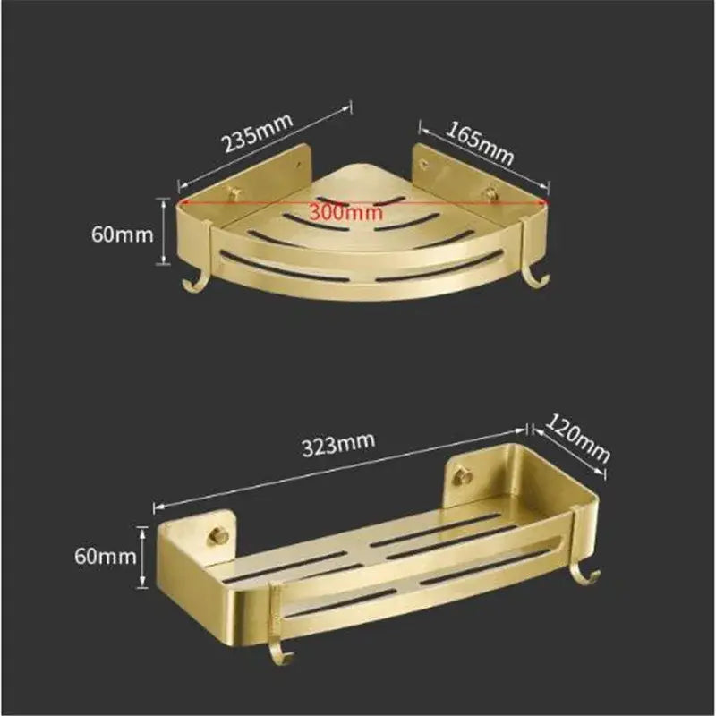 Modern brushed gold aluminum corner shelf bathroom shampoo holder with gold metal slotted design and hooks by decorbites