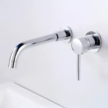 Modern chrome-finished wall-mounted basin faucet set with sleek minimalist design and matching cylindrical handle for bathroom sink