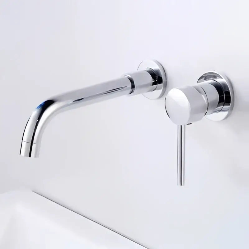 Modern chrome-finished wall-mounted basin faucet set with sleek minimalist design and matching cylindrical handle for bathroom sink