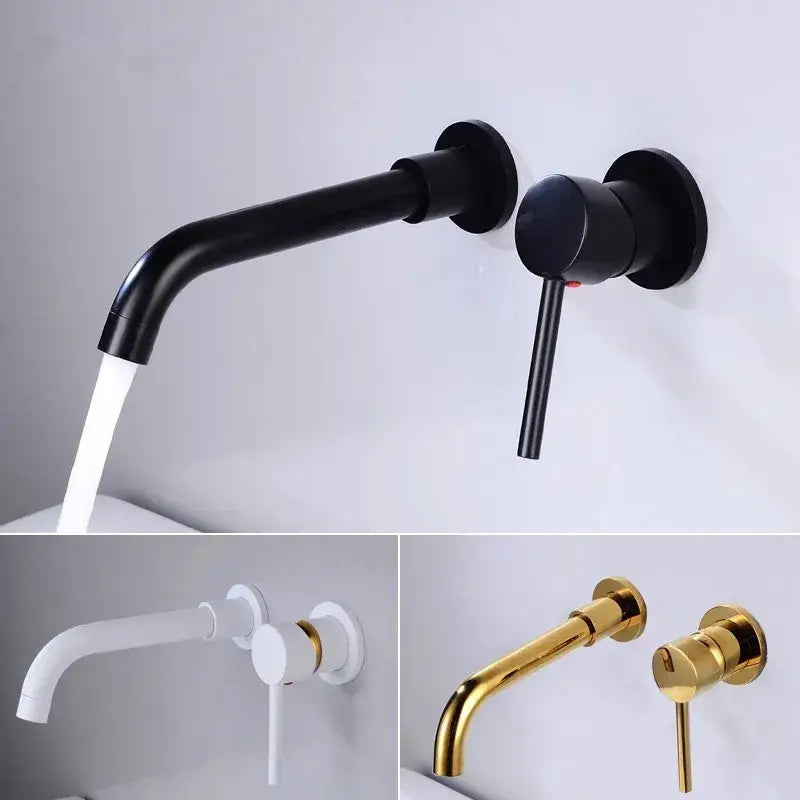 Modern brushed gold and black basin faucet set featuring a black matte wall-mounted basin faucet with matching handle