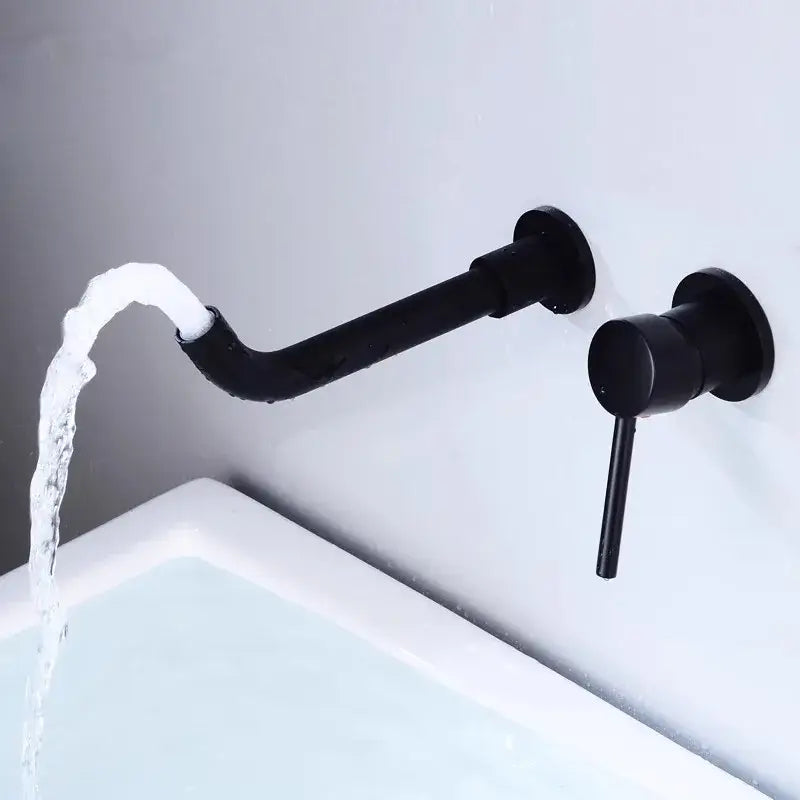 Modern brushed gold and black basin faucet set featuring a black matte wall-mounted basin faucet with curved spout and handle