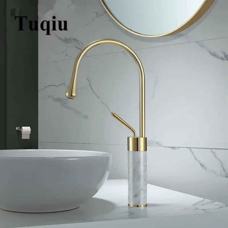 Modern brushed gold brass single-handle bathroom sink faucet with marble-patterned cylindrical base and brushed gold finish