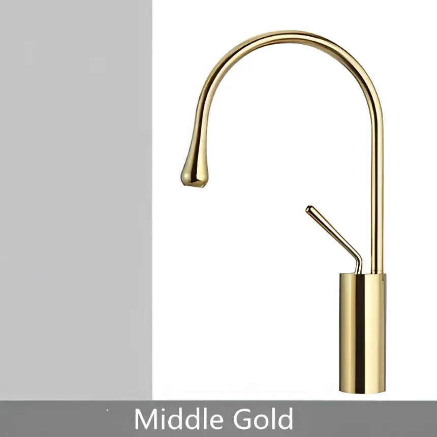 Modern brushed gold brass kitchen faucet with sleek curved spout and cylindrical base for elegant sink use