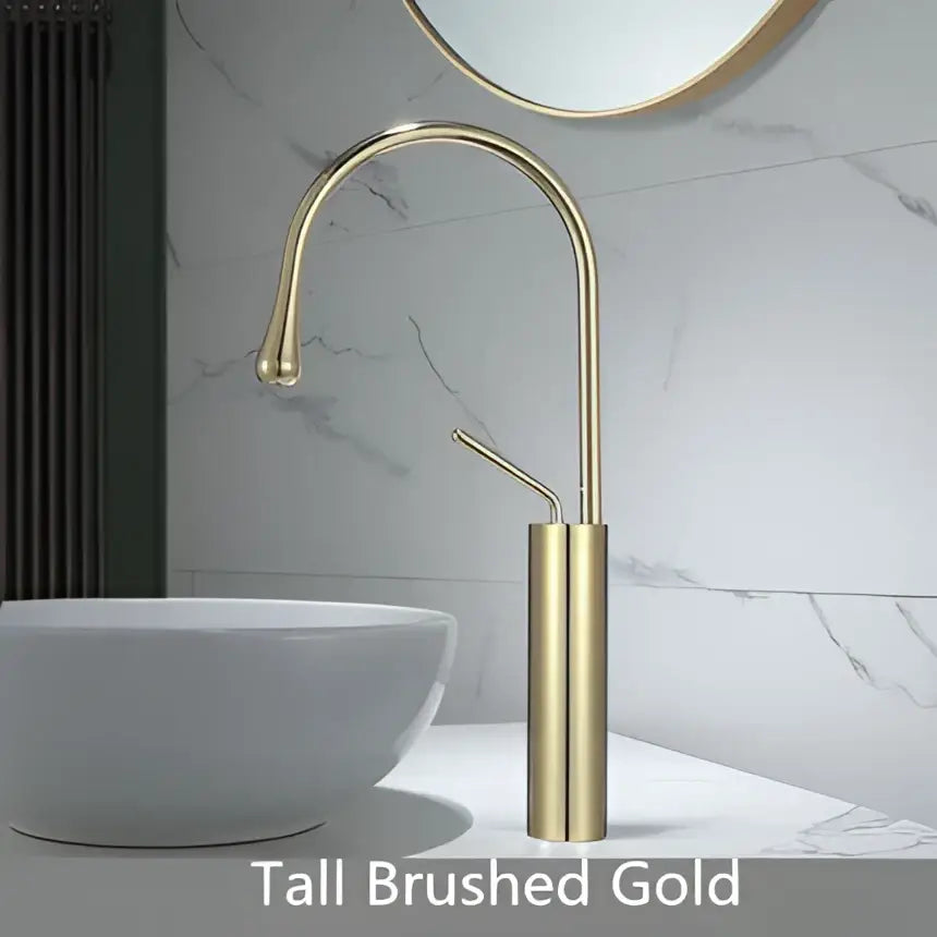 Modern brushed gold brass bathroom sink faucet with tall curved spout and cylindrical base in brushed gold finish
