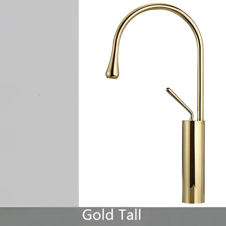Modern brushed gold kitchen faucet with tall curved spout and cylindrical base in brushed gold brass finish