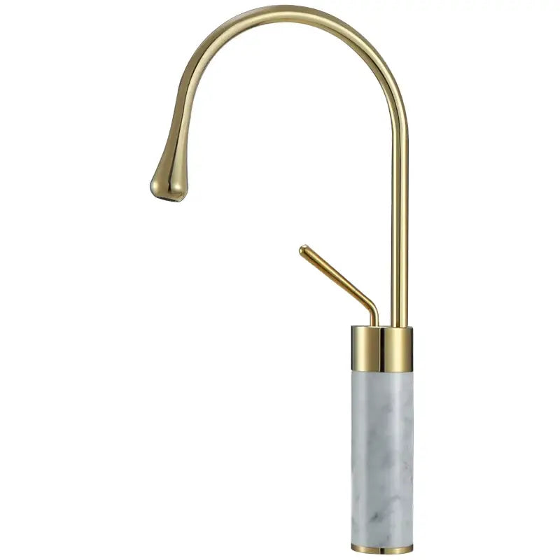 Modern brushed gold bathroom sink faucet with curved spout and marble base in brushed gold brass finish