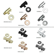 Modern brushed gold angled dual outlet filling valve with sleek bathroom faucet handles in various finishes displayed