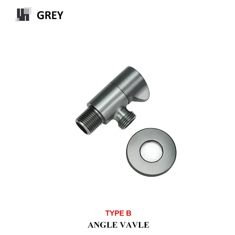 Grey metallic angled dual outlet filling valve with threaded connections and matching circular flange for bathroom use