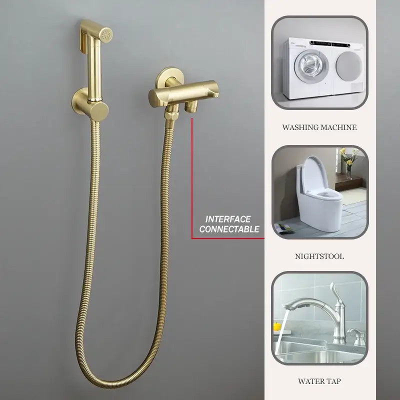 Modern brushed gold angled dual outlet filling valve with gold-colored brass handheld shower and flexible braided hose