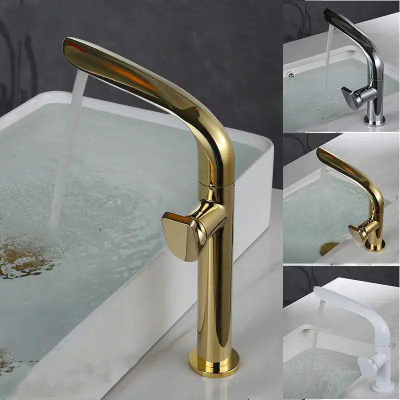 Modern brushed gold basin faucet with sleek high arc spout and rectangular handle from decorbites brushed gold collection