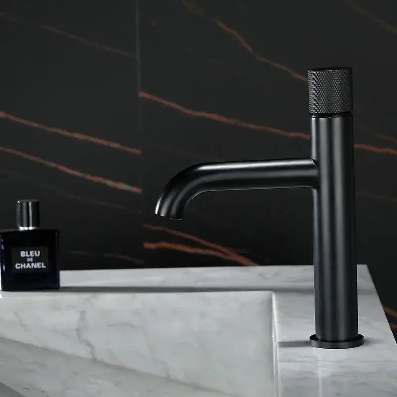 Modern black matte basin faucet with textured knurled handle for bathroom hot water mixer tap decorbites brushed gold