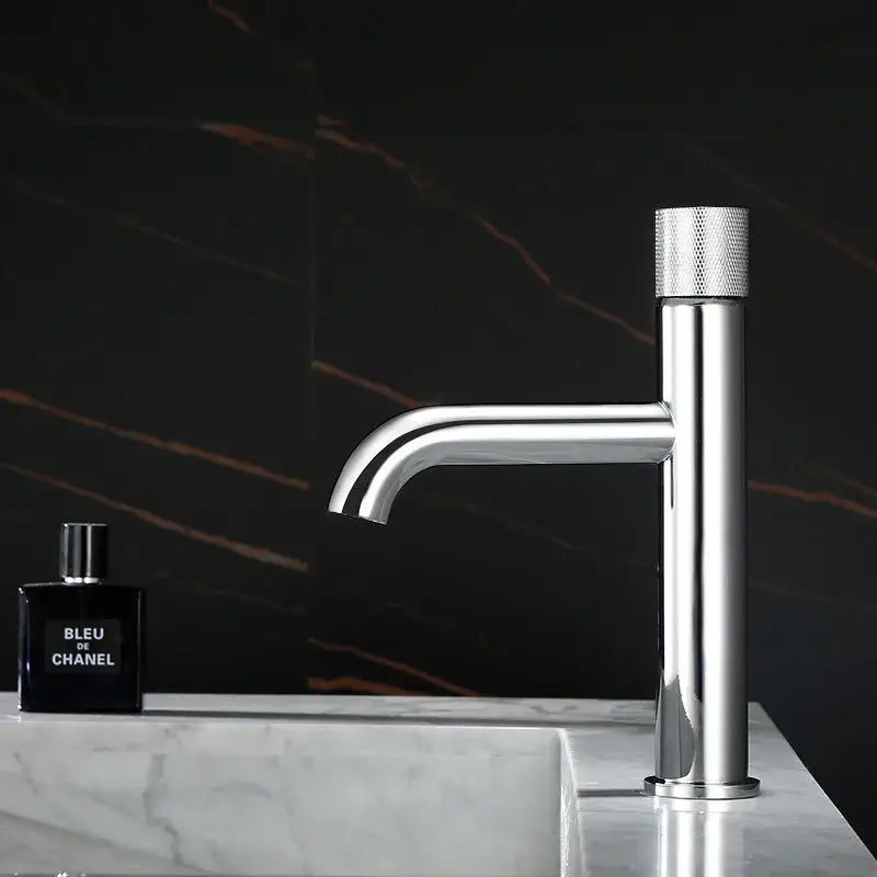 Modern brushed gold basin faucet with textured knurled handle and sleek minimalist design for bathroom decorbites brushed gold
