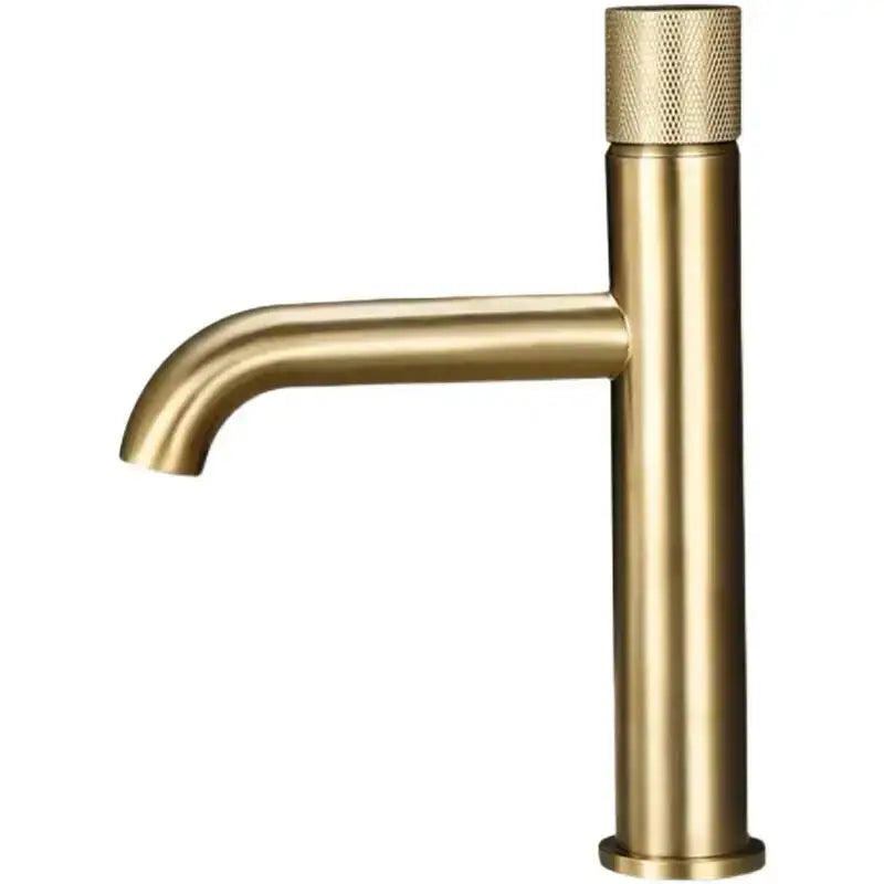 Modern brushed gold basin faucet with single handle and textured knurled knob by decorbites for bathroom use