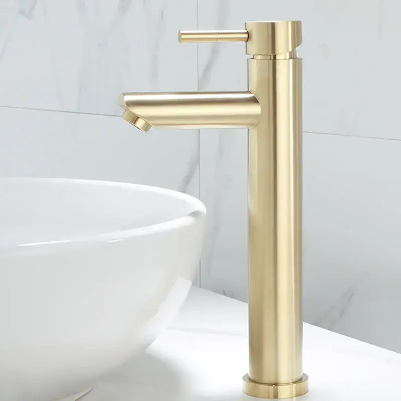 Modern brushed gold basin faucet with sleek tall cylindrical body and minimalist design for bathroom use decorbites brushed gold