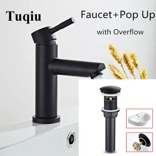 Modern brushed gold basin faucet with sleek black matte tuqiu pop-up drain and overflow by decorbites brushed gold