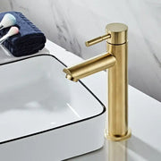 Modern brushed gold basin faucet with single handle mixer tap featuring a sleek cylindrical design and decorbites brushed gold finish