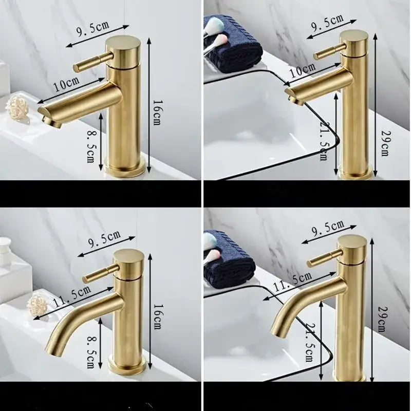 Modern brushed gold basin faucet with single handle mixer tap featuring a sleek cylindrical brushed metal finish