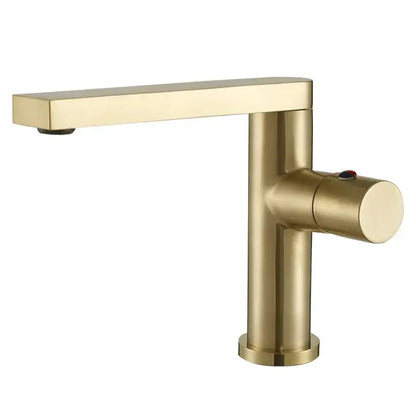 Modern brushed gold basin faucet with a sleek rectangular spout and cylindrical base decorbites brushed gold mixer tap