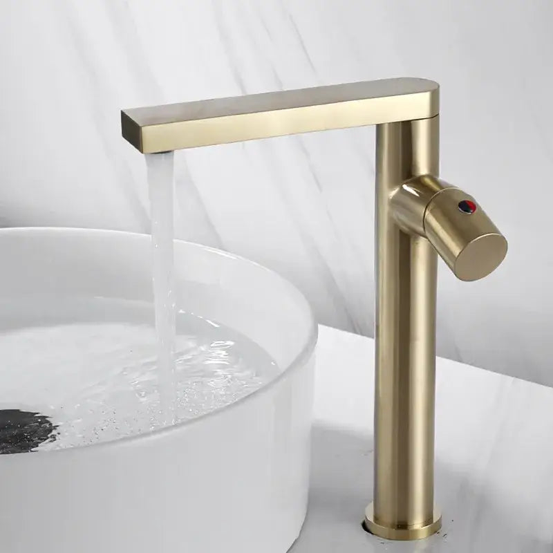Modern brushed gold basin faucet with a rectangular spout and cylindrical handle by decorbites brushed gold finish