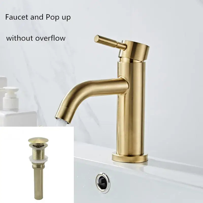 Modern brushed gold basin faucet single handle mixer with sleek design and matching decorbites brushed gold pop-up drain