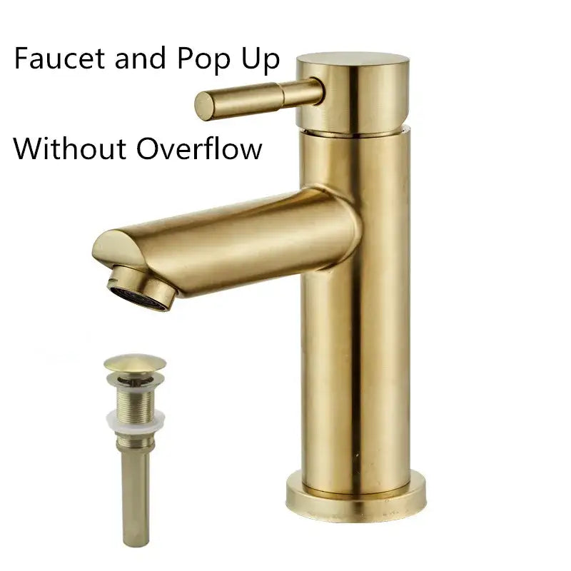 Modern brushed gold basin faucet with sleek cylindrical design and matching pop-up drain by decorbites brushed gold
