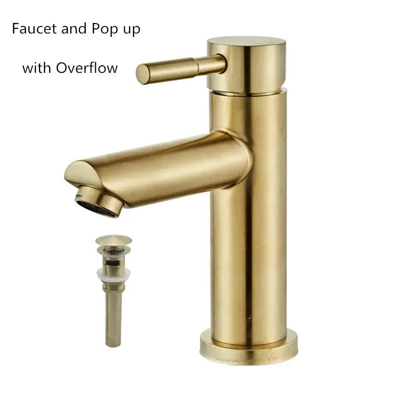 Modern brushed gold basin faucet with single handle mixer and sleek cylindrical design featuring integrated overflow