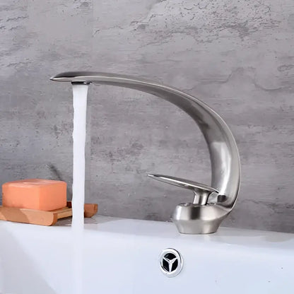 Modern brushed gold basin faucet with sleek curved design and single handle by decorbites brushed gold style