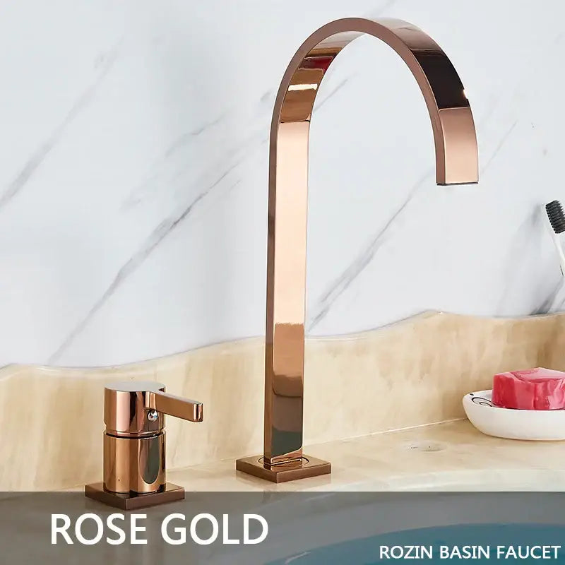 Modern brushed gold basin faucet with rose gold finish, sleek arched spout, and matching handle by decorbites brushed gold