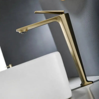 Modern brushed gold basin faucet with sleek minimalist design and tall angular spout for bathroom sink decorbites brushed gold