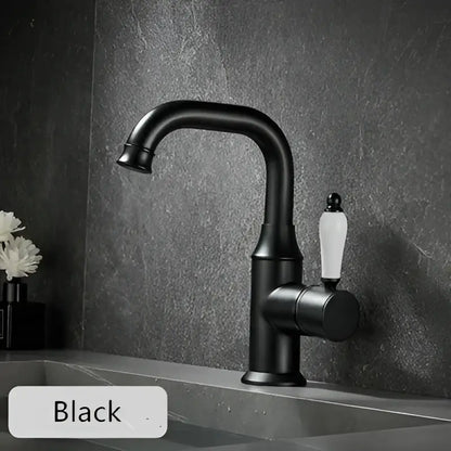 Black matte basin faucet with white ceramic handle contrasting decorbites brushed gold bathroom sink tap design