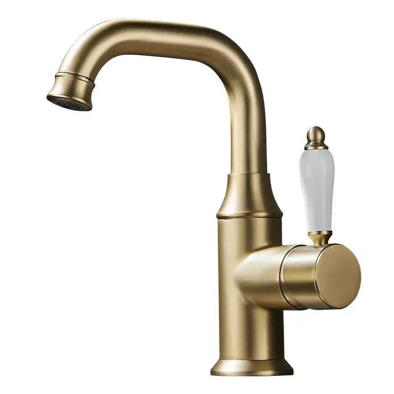 Modern brushed gold basin faucet with brass finish and white ceramic knob by decorbites brushed gold for bathroom sink