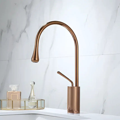 Modern brushed gold basin faucet with copper finish sleek curved spout and cylindrical base for bathroom sink decorbites brushed gold