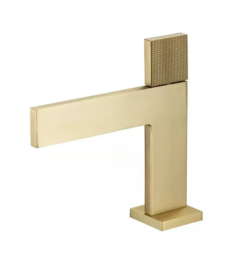 Modern brushed gold basin faucet with sleek minimalist design and textured square handle by decorbites brushed gold