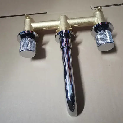 Modern brushed gold basin faucet with chrome spout and textured silver knobs decorbites brushed gold wall mount tap