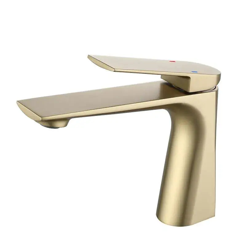 Modern brushed gold basin faucet with single handle and integrated temperature indicator lights for bathroom use