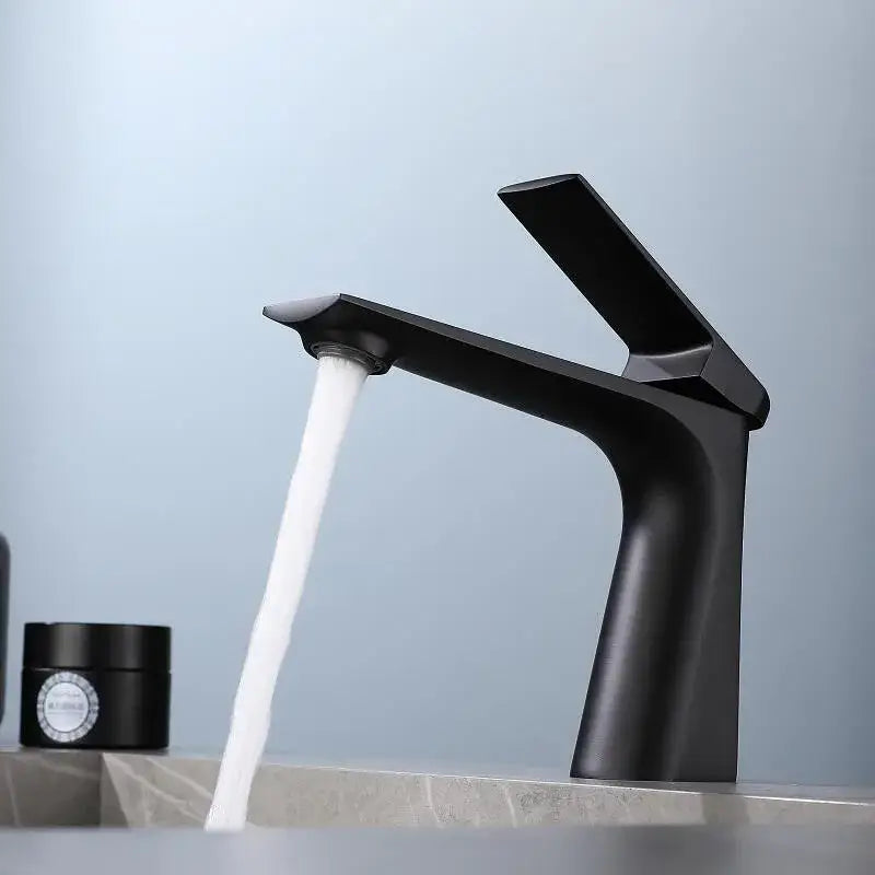 Modern matte black basin faucet with sleek angular design complements decorbites brushed gold bathroom mixer crane