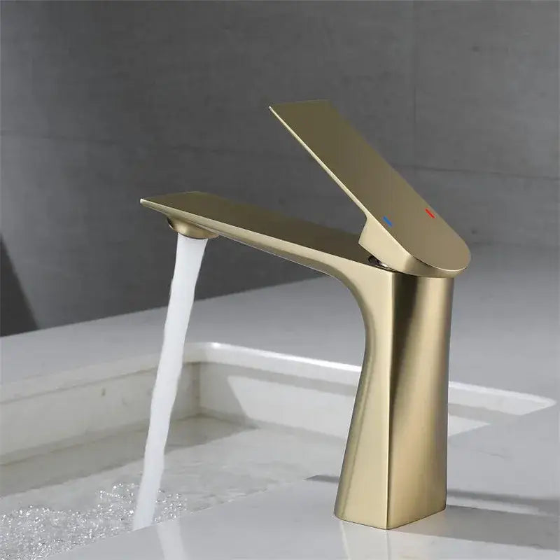 Modern brushed gold basin faucet with sleek angular design and single handle for temperature control decorbites brushed gold