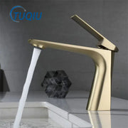 Modern brushed gold basin faucet with sleek angular design and brushed metal finish for bathroom decorbites collection