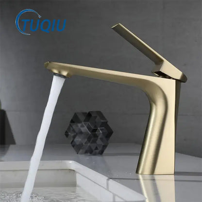Modern brushed gold basin faucet with sleek angular design and brushed metal finish for bathroom decorbites collection