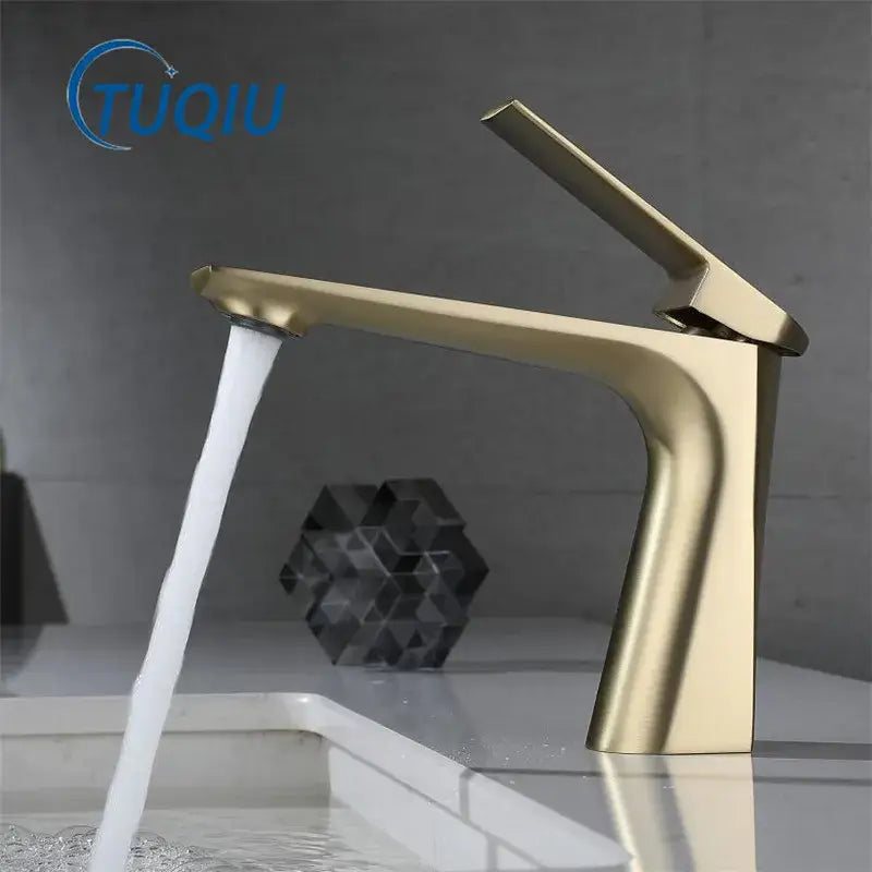 Modern brushed gold basin faucet with sleek angular design and brushed metal finish for bathroom decorbites collection