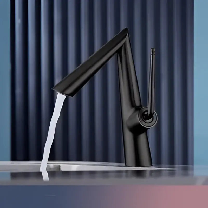 Black matte basin faucet with sleek angular design and single lever handle matching decorbites brushed gold style