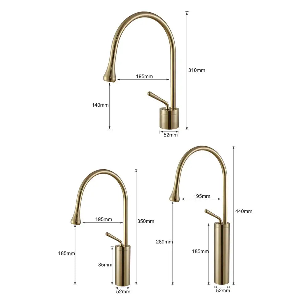 Brass-finished modern basin faucet with sleek curved spout and cylindrical base for kitchen sink use