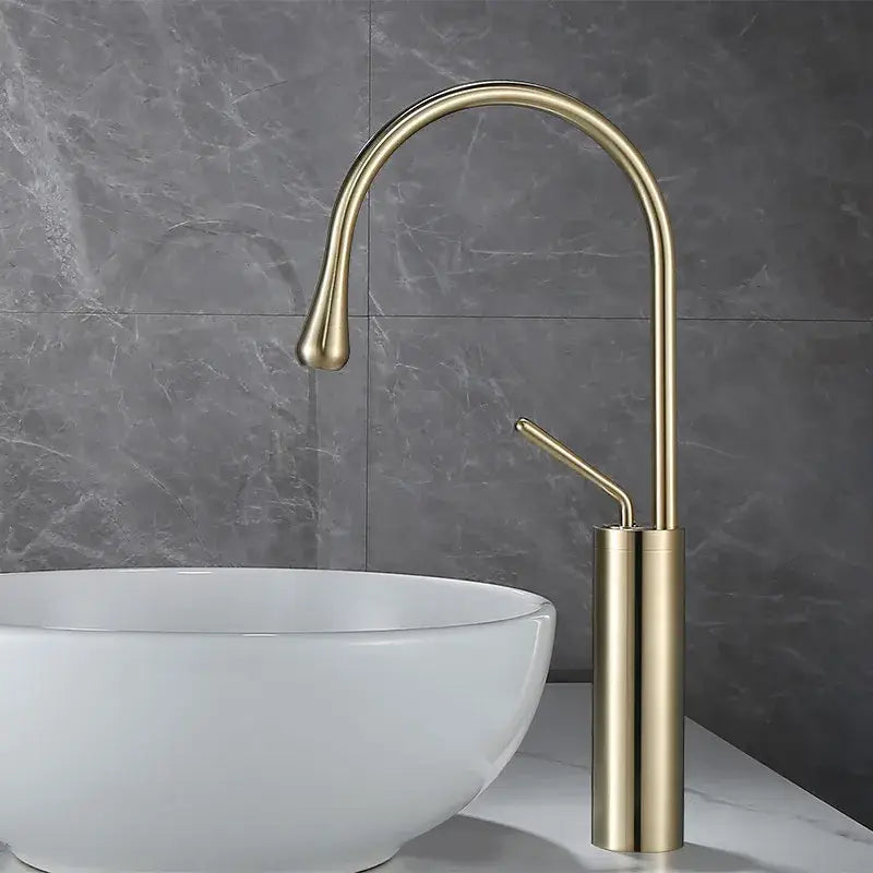 Modern brushed gold basin faucet with sleek curved spout and cylindrical base for kitchen swivel water use decorbites brushed gold