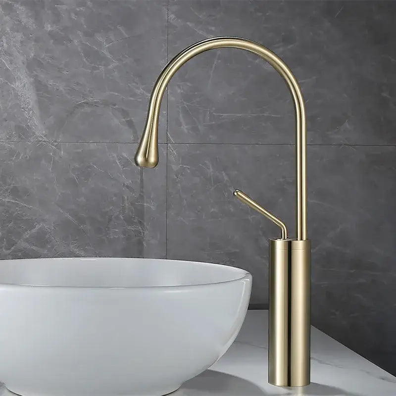 Modern brushed gold basin faucet with a sleek curved spout and cylindrical base for kitchen swivel water use decorbites brushed gold