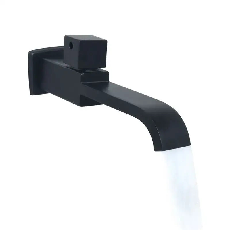Black matte wall-mounted basin faucet set with square handle and curved spout for modern bathroom use